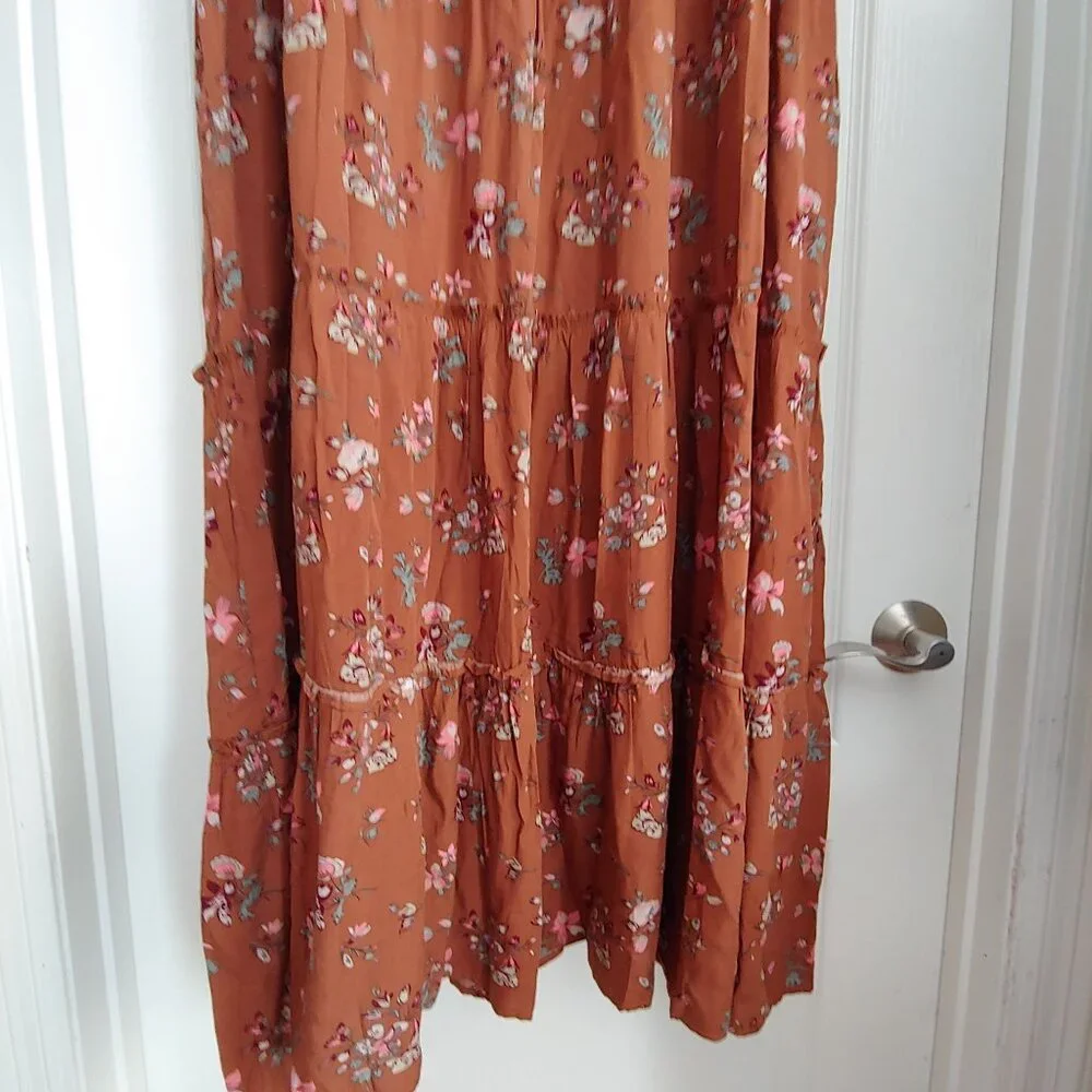 Natural Life Brown Floral Tiered Granola Soft Girl Square Neck Cottage Dress L - Picture 12 of 14